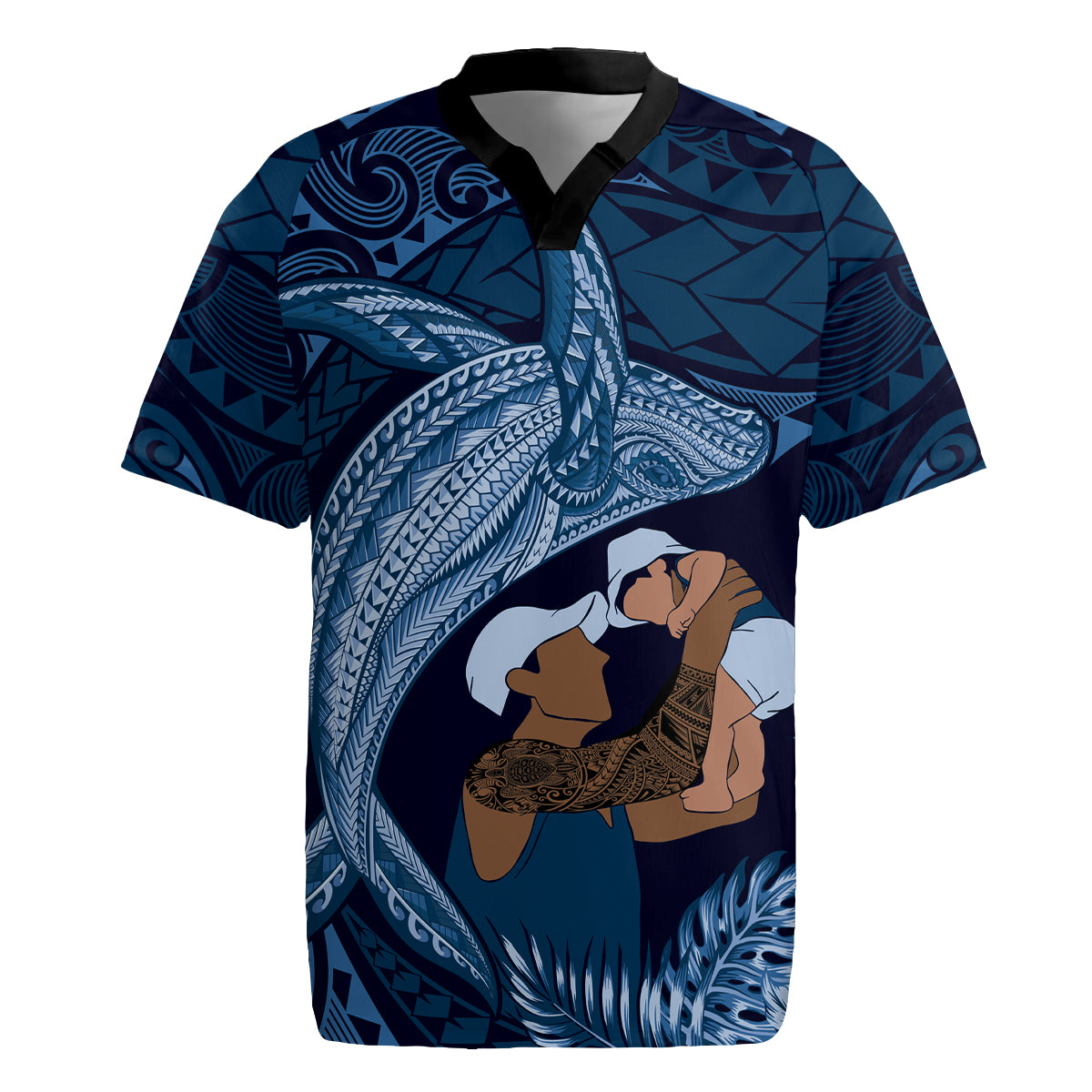 Father's Day Polynesian Pattern Rugby Jersey Tropical Humpback Whale - Navy