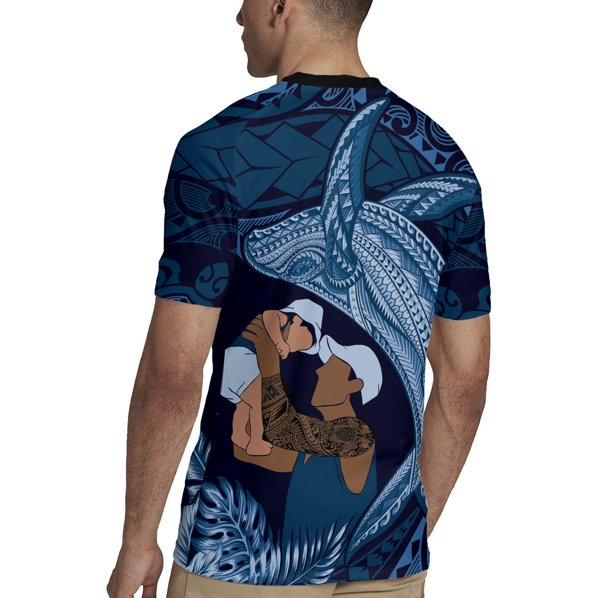 Father's Day Polynesian Pattern Rugby Jersey Tropical Humpback Whale - Navy