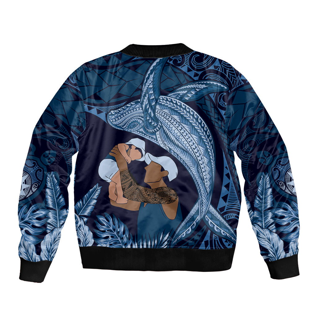 Father's Day Polynesian Pattern Sleeve Zip Bomber Jacket Tropical Humpback Whale - Navy