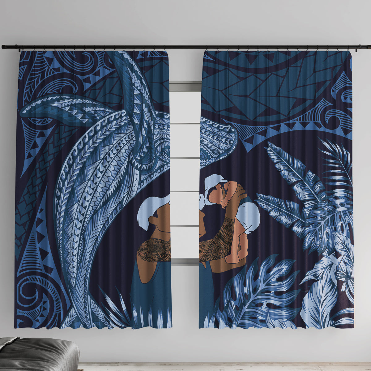 Father's Day Polynesian Pattern Window Curtain Tropical Humpback Whale - Navy LT7 With Hooks Navy Blue - Polynesian Pride