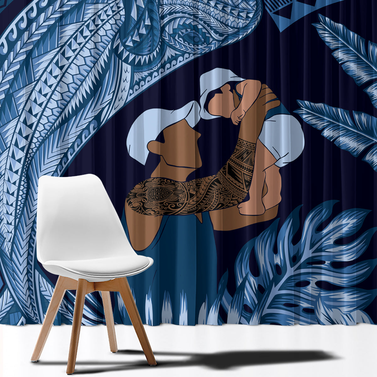 Father's Day Polynesian Pattern Window Curtain Tropical Humpback Whale - Navy LT7 - Polynesian Pride