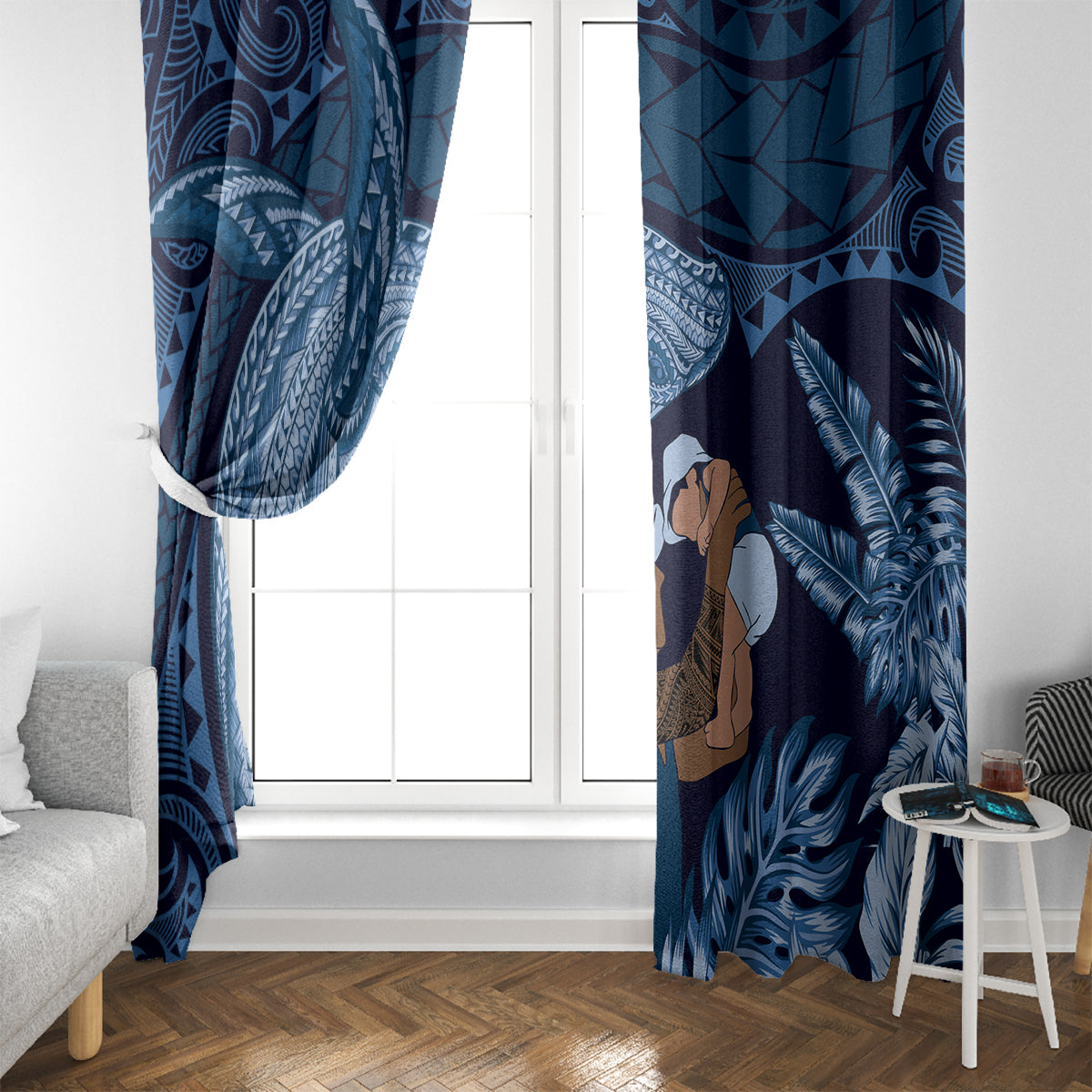 Father's Day Polynesian Pattern Window Curtain Tropical Humpback Whale - Navy LT7 - Polynesian Pride