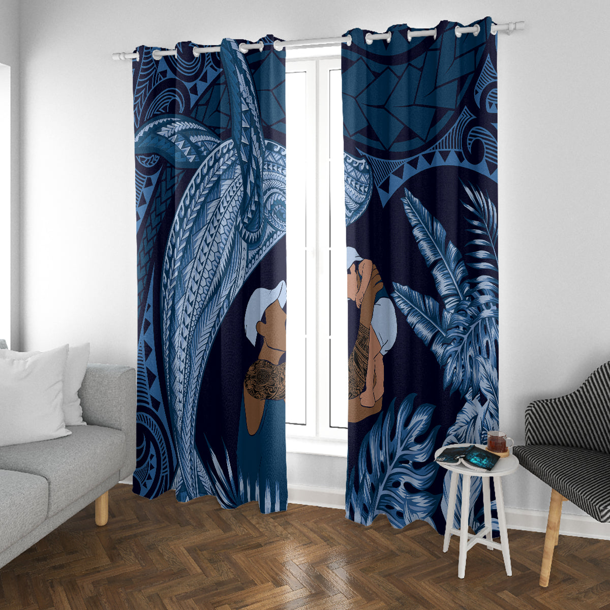 Father's Day Polynesian Pattern Window Curtain Tropical Humpback Whale - Navy LT7 With Grommets Navy Blue - Polynesian Pride