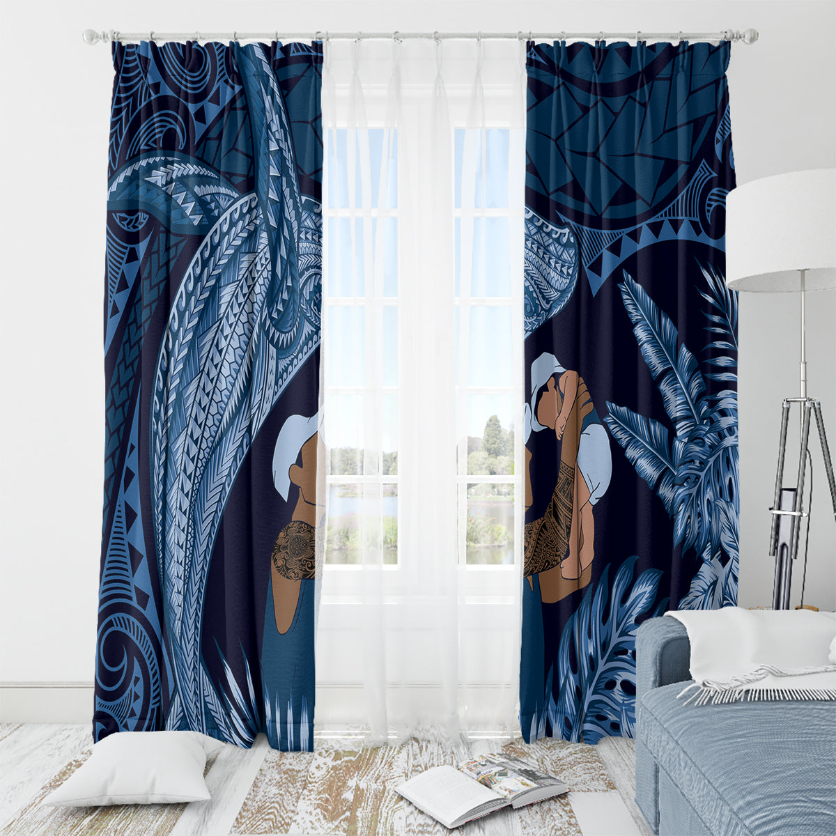 Father's Day Polynesian Pattern Window Curtain Tropical Humpback Whale - Navy LT7 - Polynesian Pride
