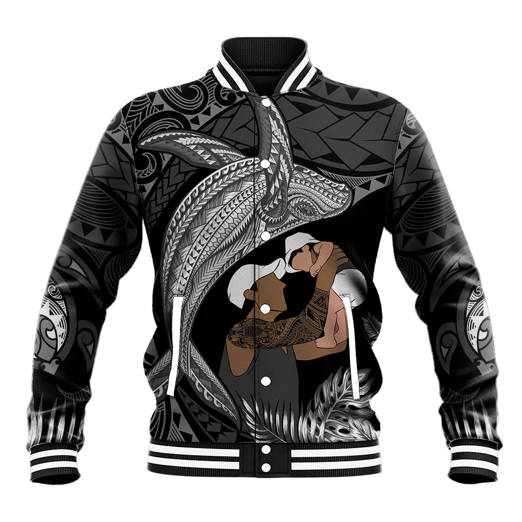 Father's Day Polynesian Pattern Baseball Jacket Tropical Humpback Whale - Black