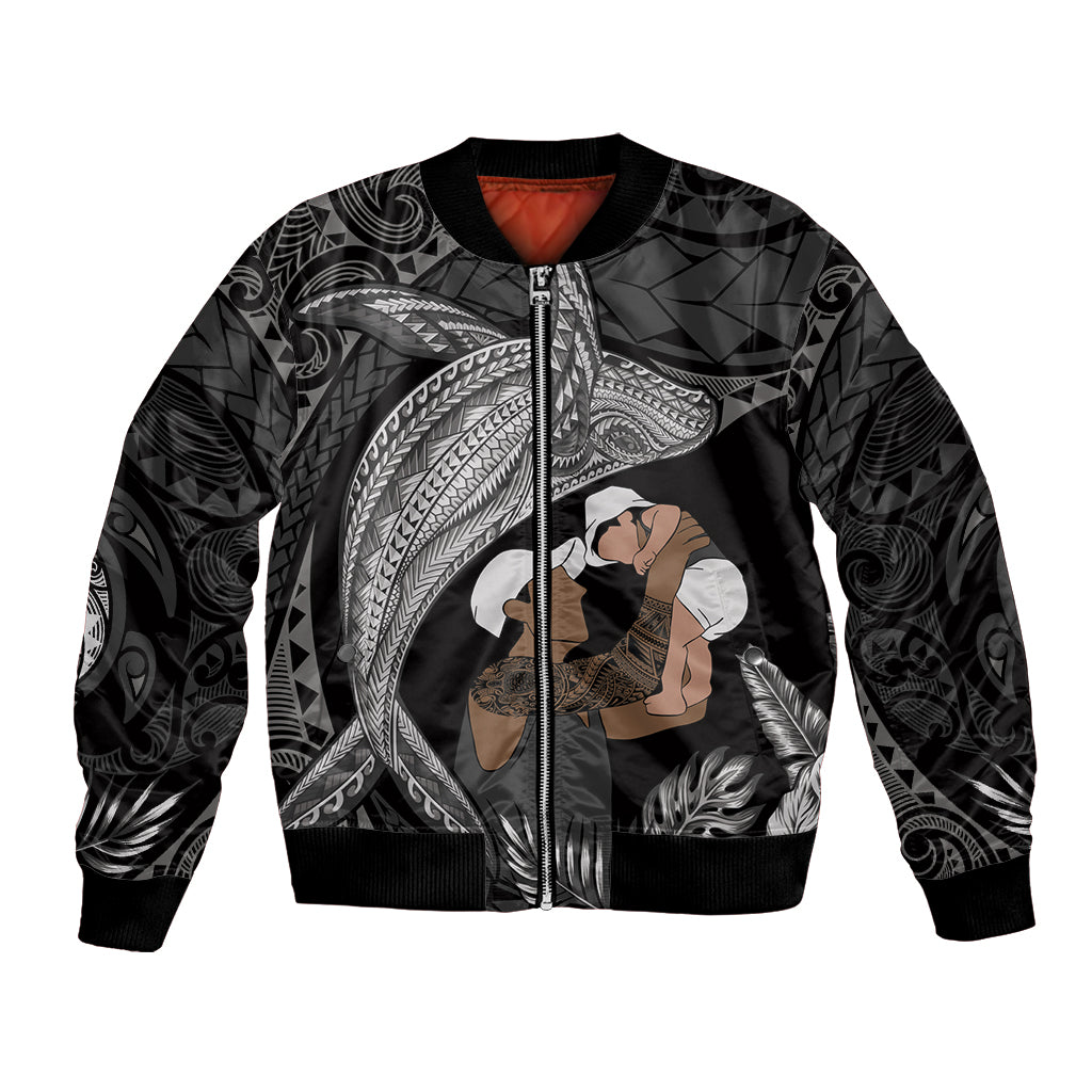 Father's Day Polynesian Pattern Bomber Jacket Tropical Humpback Whale - Black