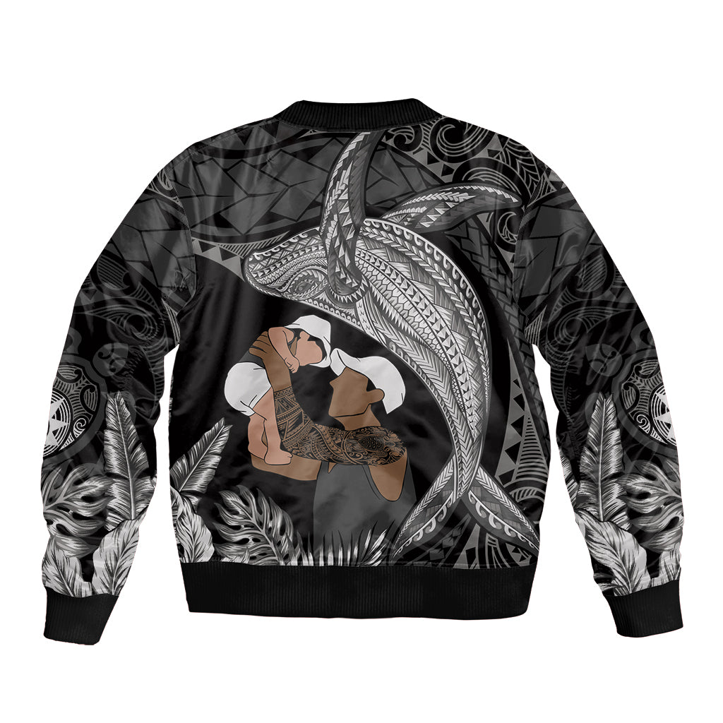 Father's Day Polynesian Pattern Bomber Jacket Tropical Humpback Whale - Black