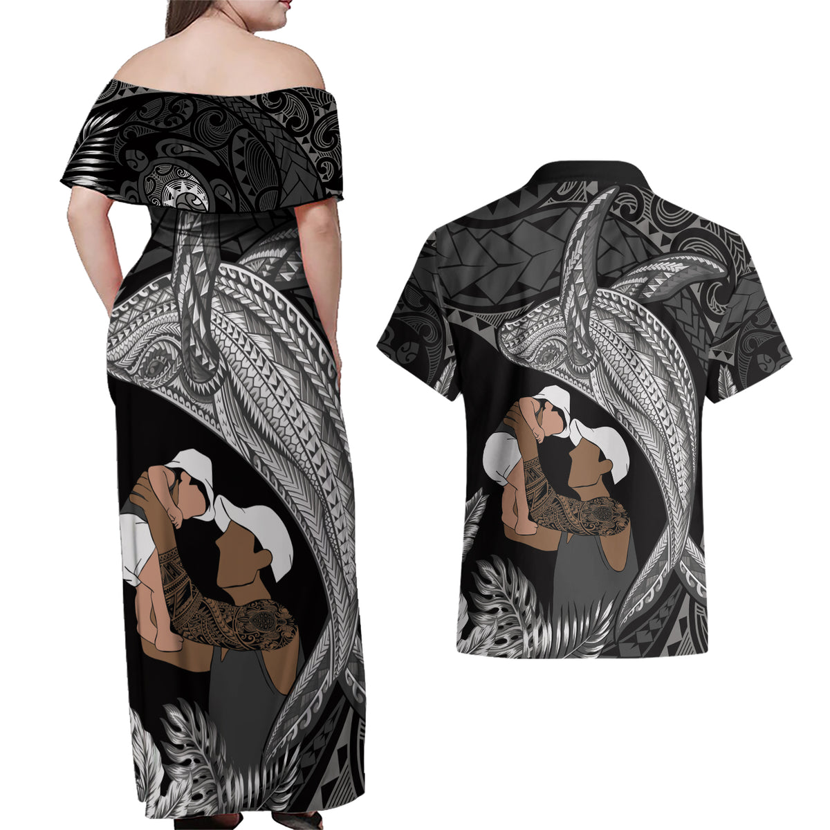 Father's Day Polynesian Pattern Couples Matching Off Shoulder Maxi Dress and Hawaiian Shirt Tropical Humpback Whale - Black