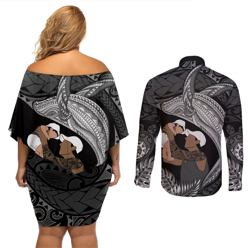Father's Day Polynesian Pattern Couples Matching Off Shoulder Short Dress and Long Sleeve Button Shirt Tropical Humpback Whale - Black
