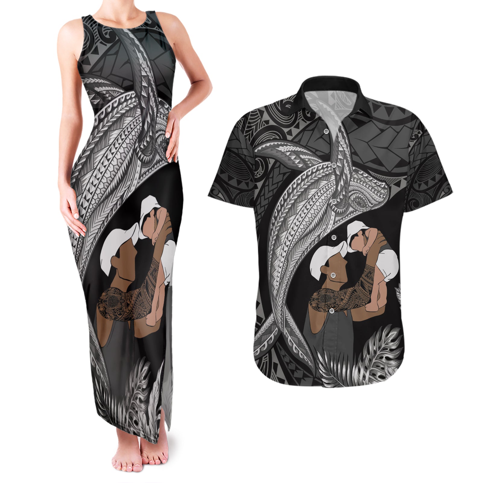 Father's Day Polynesian Pattern Couples Matching Tank Maxi Dress and Hawaiian Shirt Tropical Humpback Whale - Black
