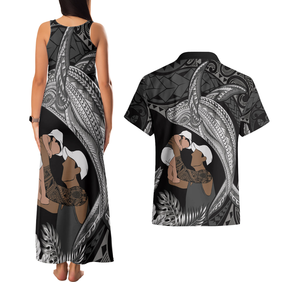 Father's Day Polynesian Pattern Couples Matching Tank Maxi Dress and Hawaiian Shirt Tropical Humpback Whale - Black