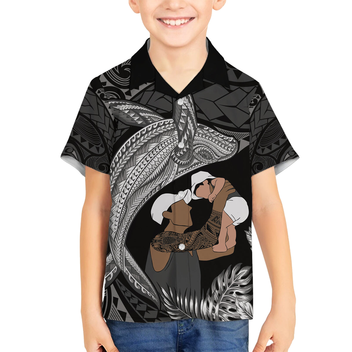 Father's Day Polynesian Pattern Family Matching Long Sleeve Bodycon Dress and Hawaiian Shirt Tropical Humpback Whale - Black