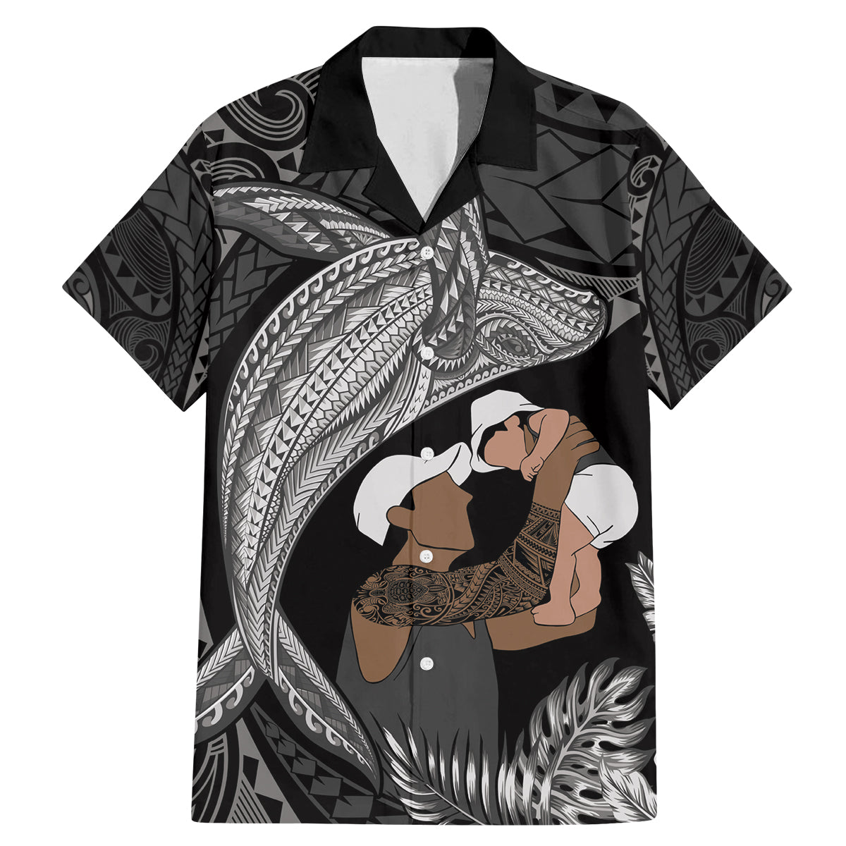 Father's Day Polynesian Pattern Family Matching Mermaid Dress and Hawaiian Shirt Tropical Humpback Whale - Black