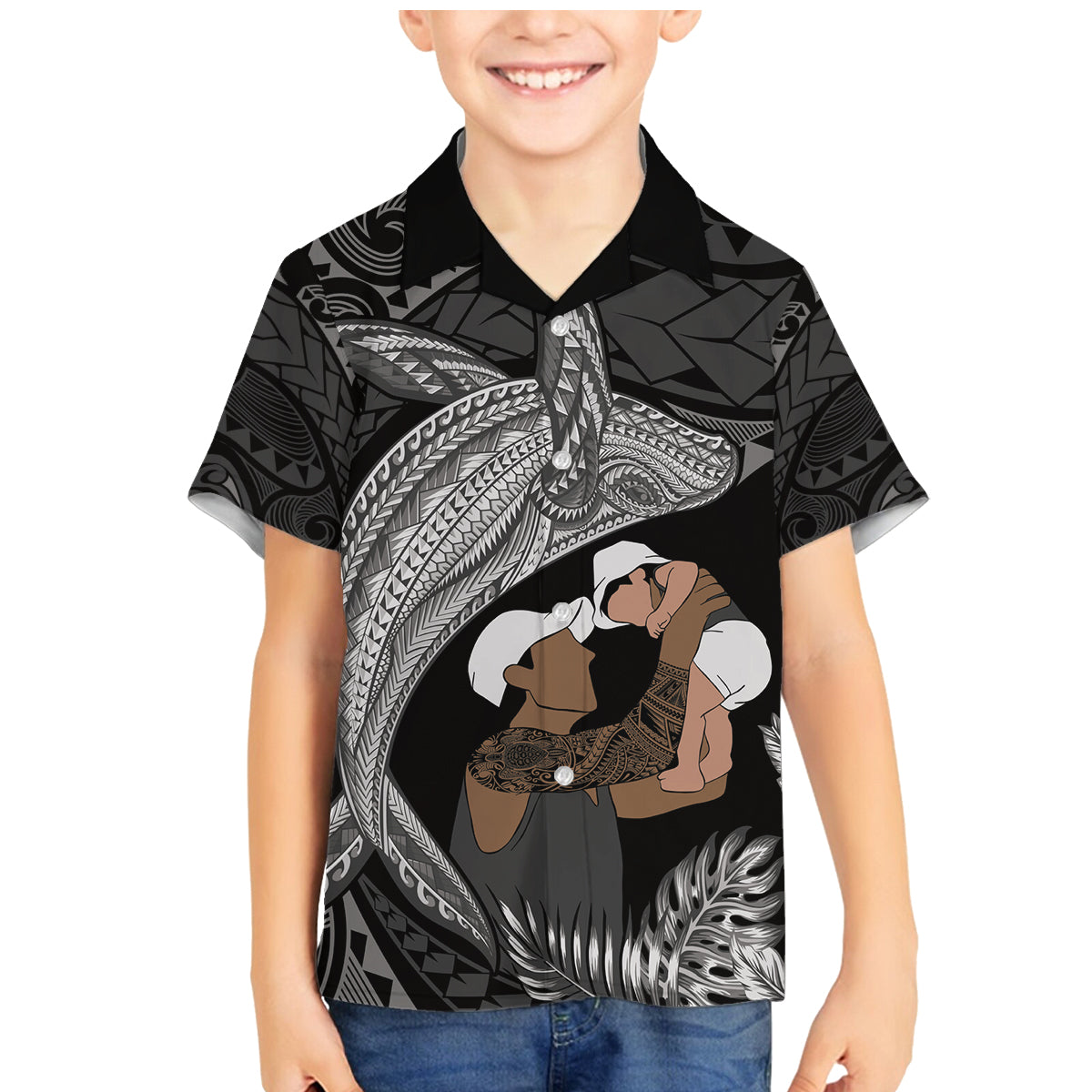 Father's Day Polynesian Pattern Family Matching Mermaid Dress and Hawaiian Shirt Tropical Humpback Whale - Black