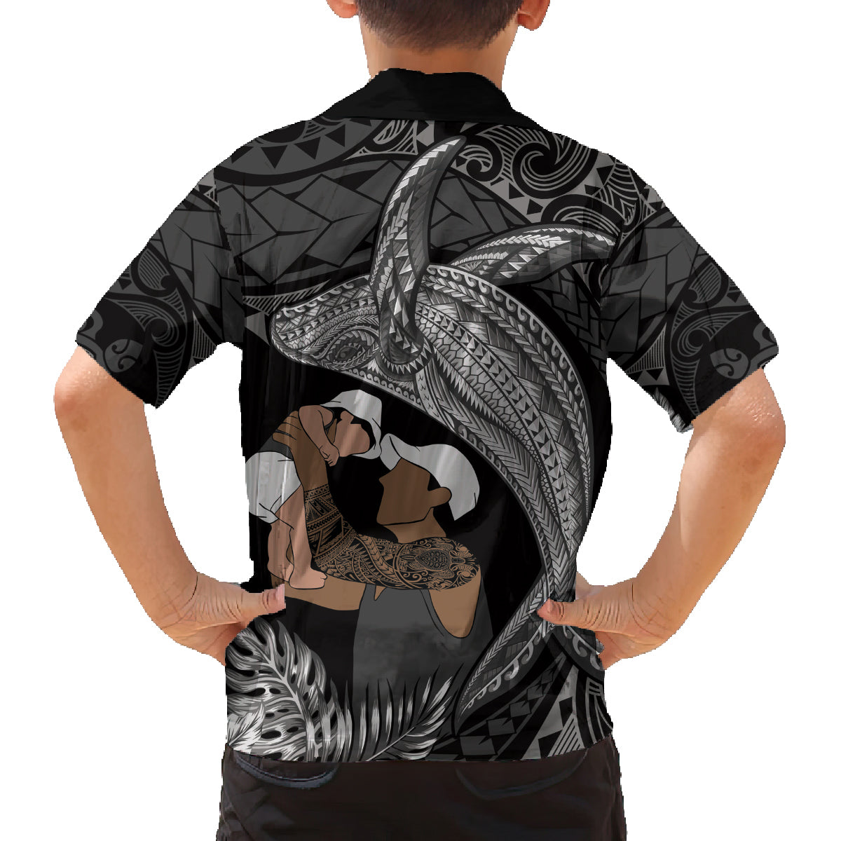 Father's Day Polynesian Pattern Family Matching Off Shoulder Short Dress and Hawaiian Shirt Tropical Humpback Whale - Black LT7 - Polynesian Pride