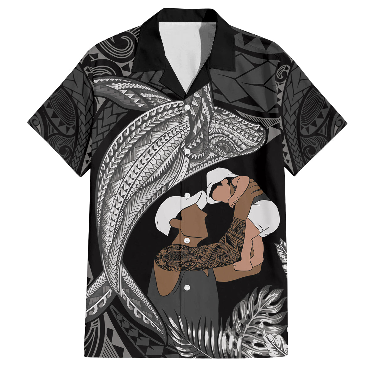 Father's Day Polynesian Pattern Family Matching Off Shoulder Short Dress and Hawaiian Shirt Tropical Humpback Whale - Black LT7 Dad's Shirt - Short Sleeve Black - Polynesian Pride