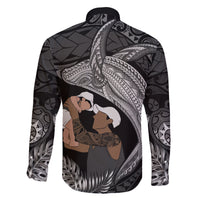 Father's Day Polynesian Pattern Family Matching Off Shoulder Short Dress and Hawaiian Shirt Tropical Humpback Whale - Black LT7 - Polynesian Pride