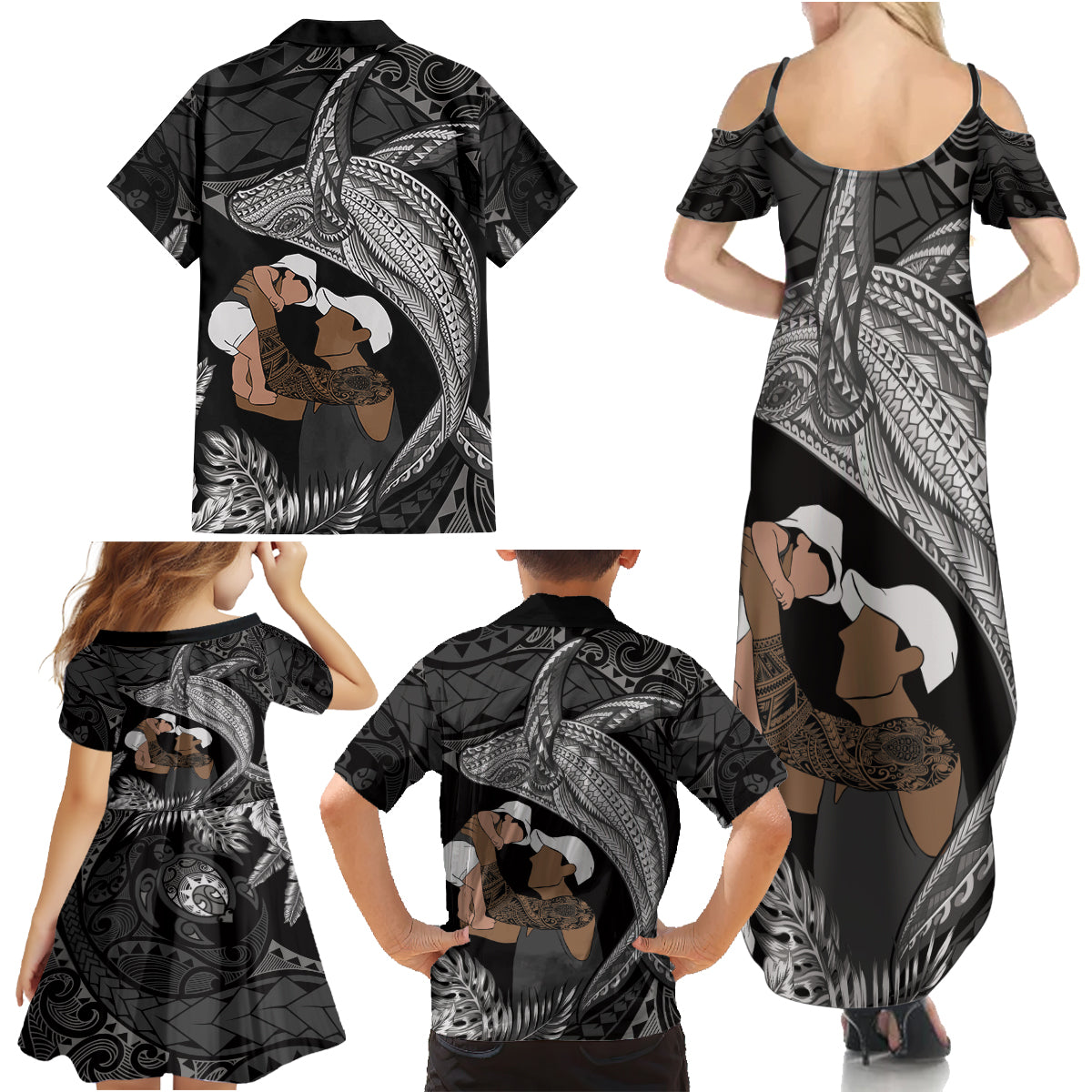 Father's Day Polynesian Pattern Family Matching Summer Maxi Dress and Hawaiian Shirt Tropical Humpback Whale - Black LT7 - Polynesian Pride