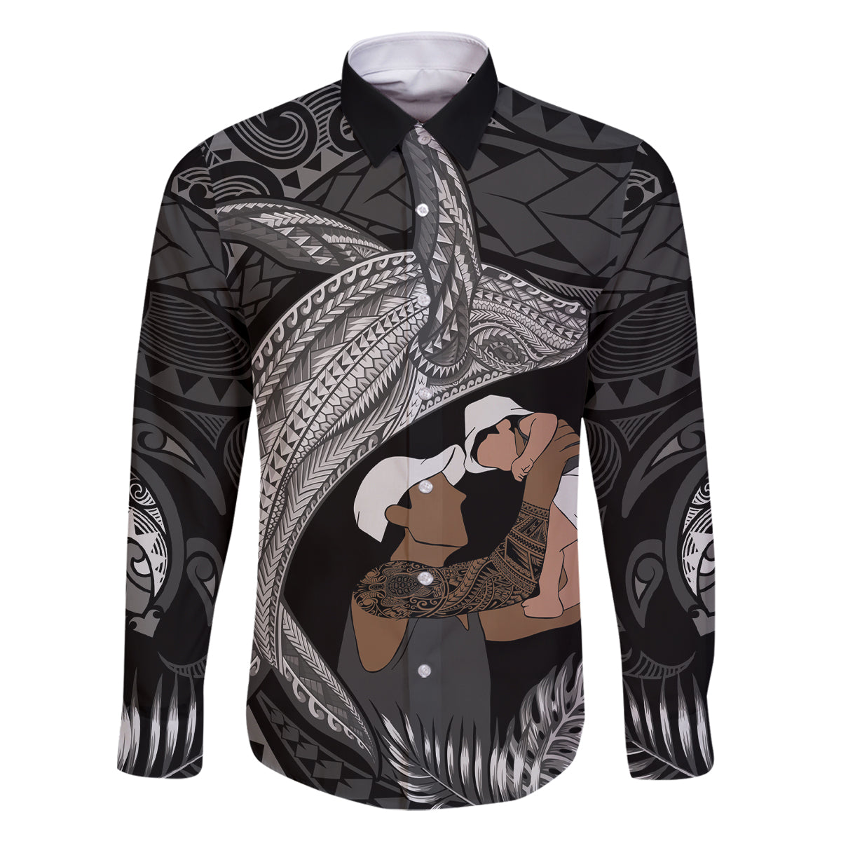 Father's Day Polynesian Pattern Family Matching Summer Maxi Dress and Hawaiian Shirt Tropical Humpback Whale - Black LT7 Dad's Shirt - Long Sleeve Black - Polynesian Pride