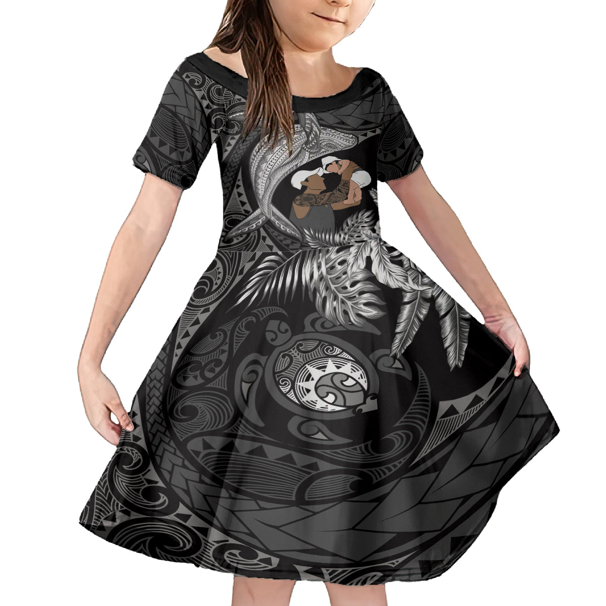 Father's Day Polynesian Pattern Family Matching Tank Maxi Dress and Hawaiian Shirt Tropical Humpback Whale - Black LT7 Daughter's Dress Black - Polynesian Pride