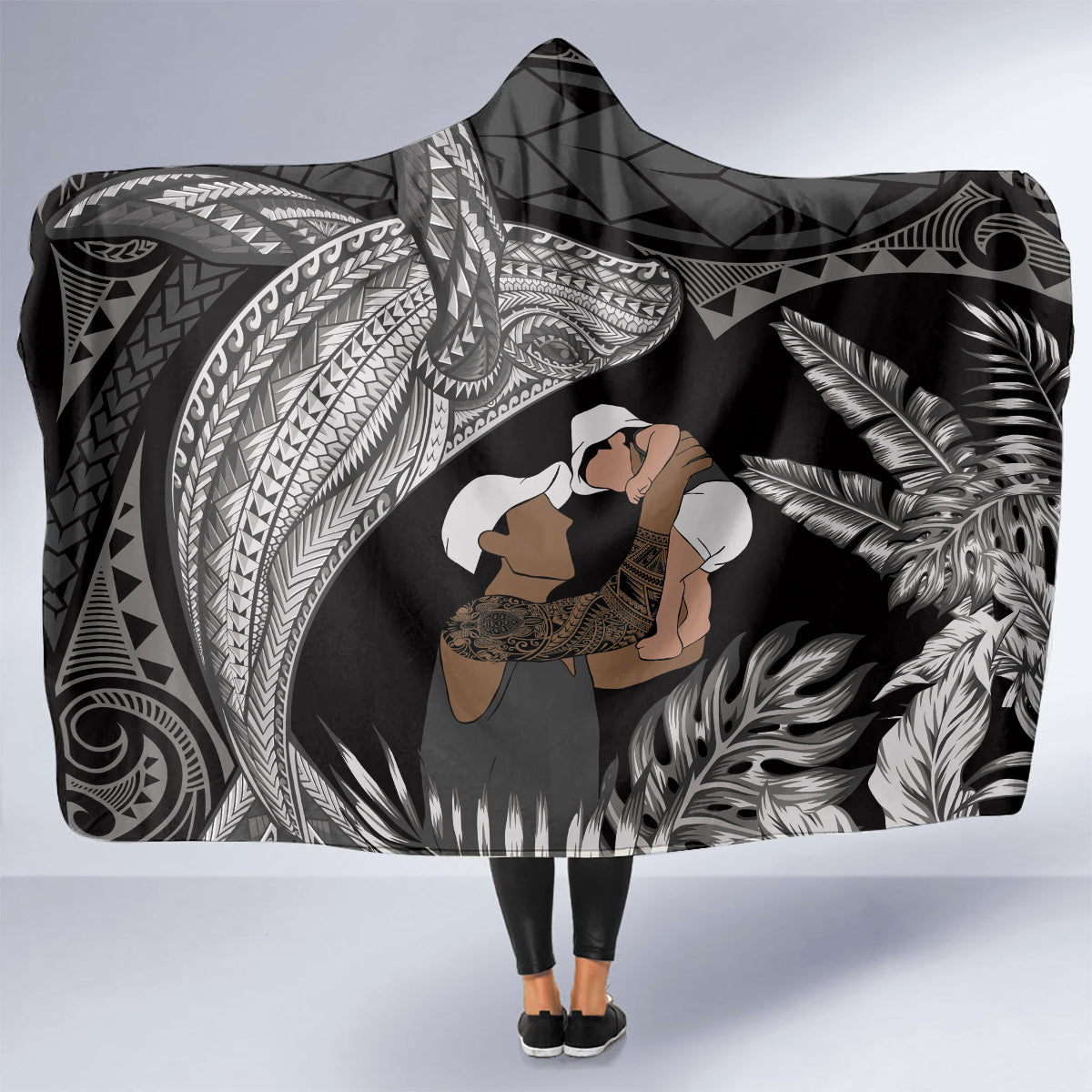 Father's Day Polynesian Pattern Hooded Blanket Tropical Humpback Whale - Black