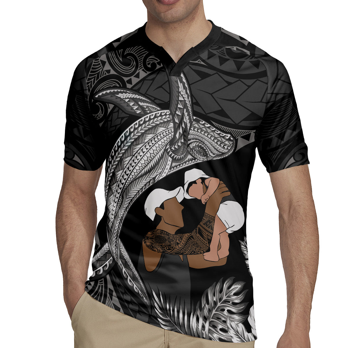 Father's Day Polynesian Pattern Rugby Jersey Tropical Humpback Whale - Black