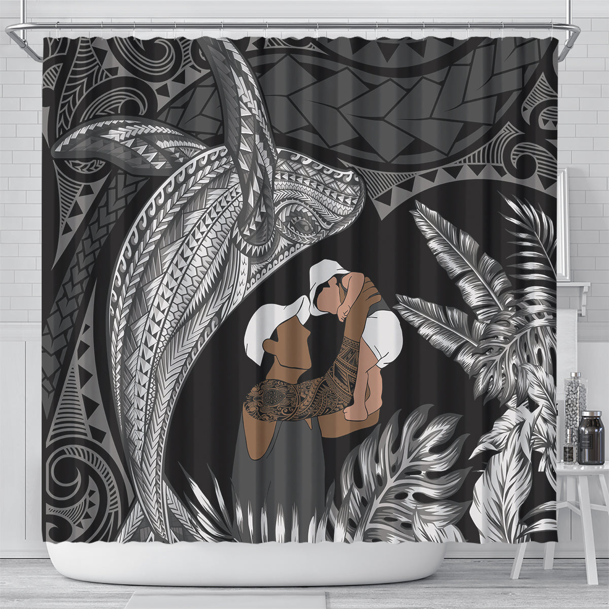 Father's Day Polynesian Pattern Shower Curtain Tropical Humpback Whale - Black