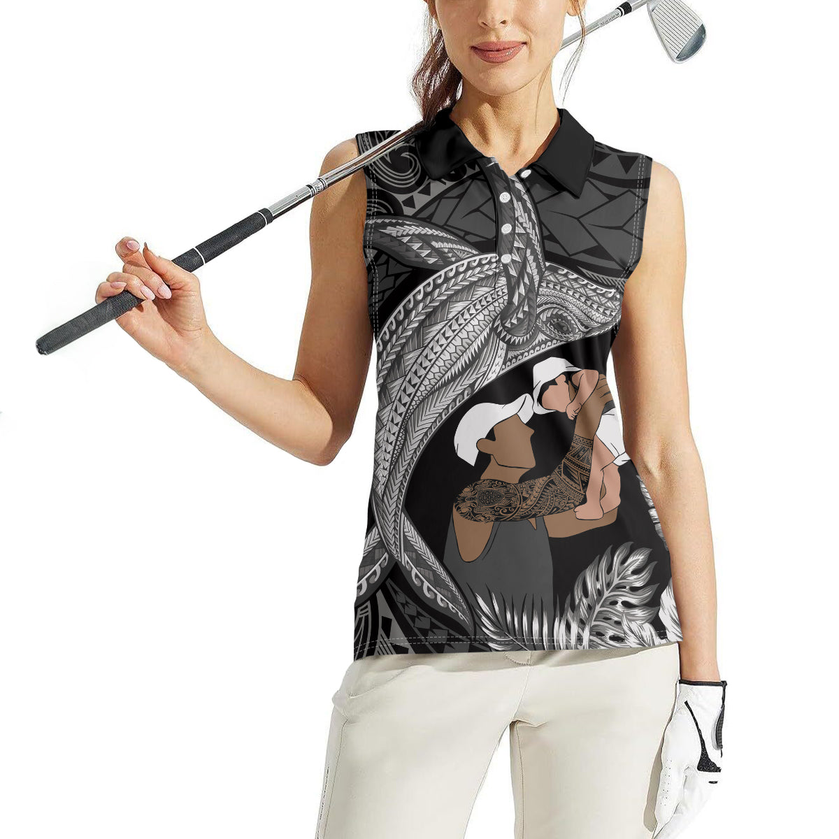 Father's Day Polynesian Pattern Women Sleeveless Polo Shirt Tropical Humpback Whale - Black