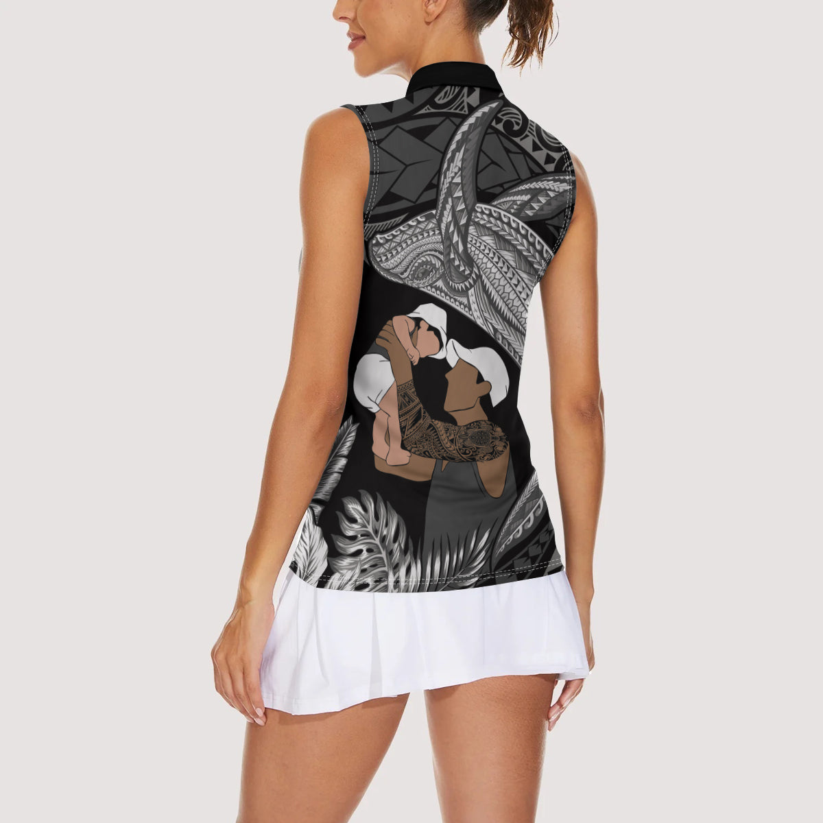 Father's Day Polynesian Pattern Women Sleeveless Polo Shirt Tropical Humpback Whale - Black