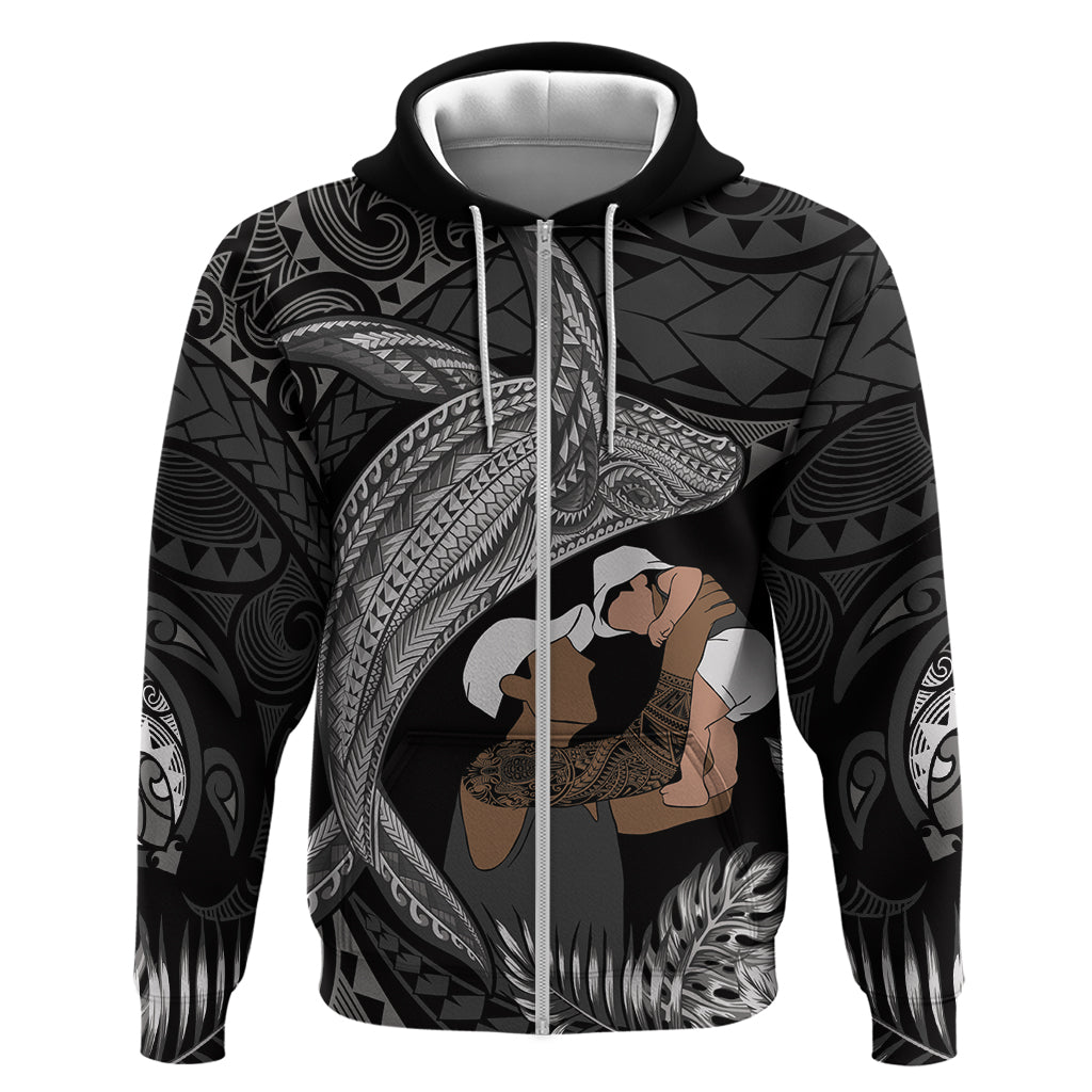 Father's Day Polynesian Pattern Zip Hoodie Tropical Humpback Whale - Black