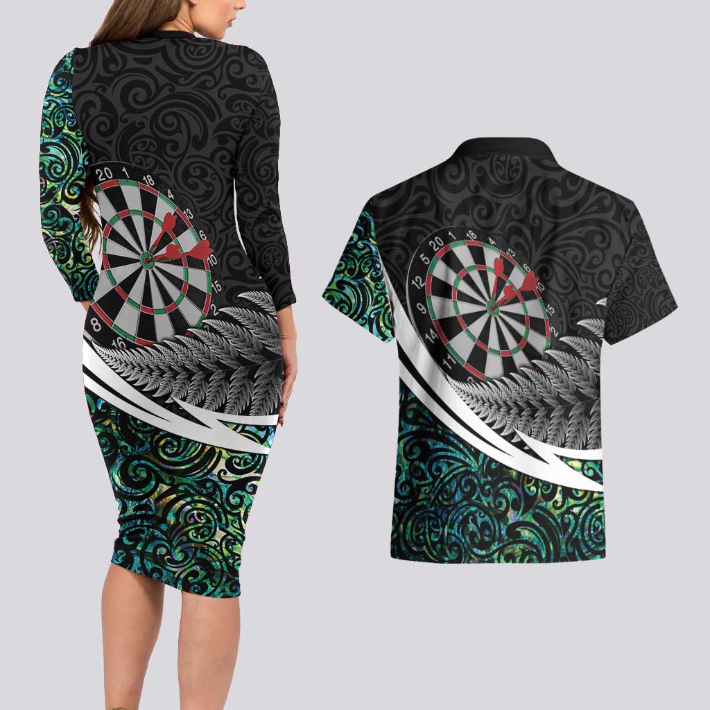 Personalized NZ Darts Couples Matching Long Sleeve Bodycon Dress and Hawaiian Shirt Paua Shell Maori Koru Whakairo LT7 - Polynesian Pride