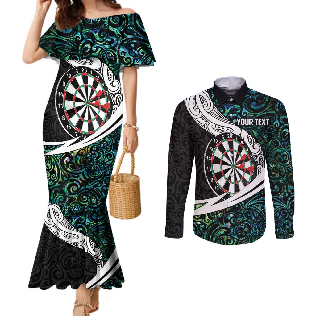 Personalized NZ Darts Couples Matching Mermaid Dress and Long Sleeve Button Shirt Paua Shell Maori Koru Whakairo LT7 Colorful - Polynesian Pride