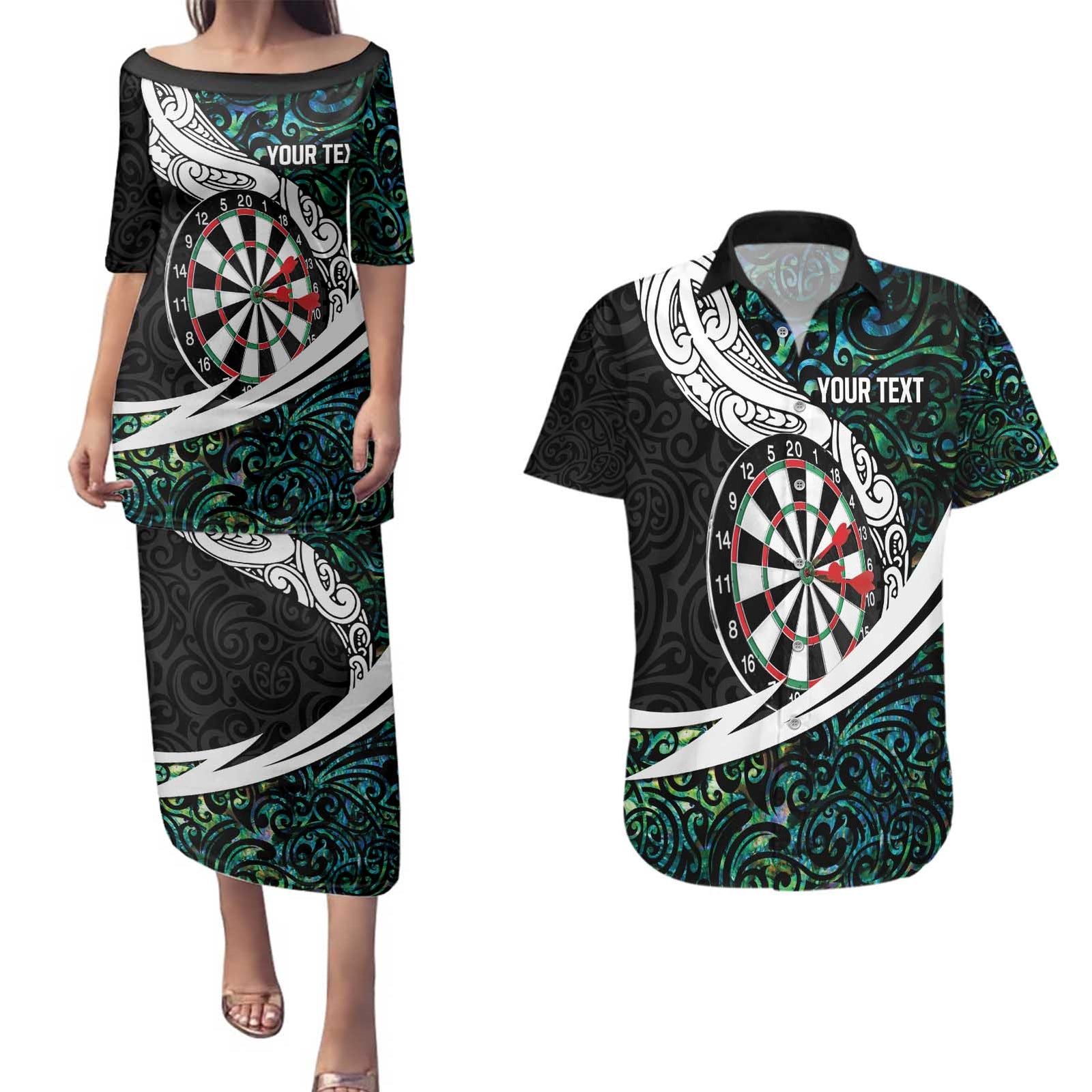 Personalized NZ Darts Couples Matching Puletasi and Hawaiian Shirt Paua Shell Maori Koru Whakairo - Polynesian Pride