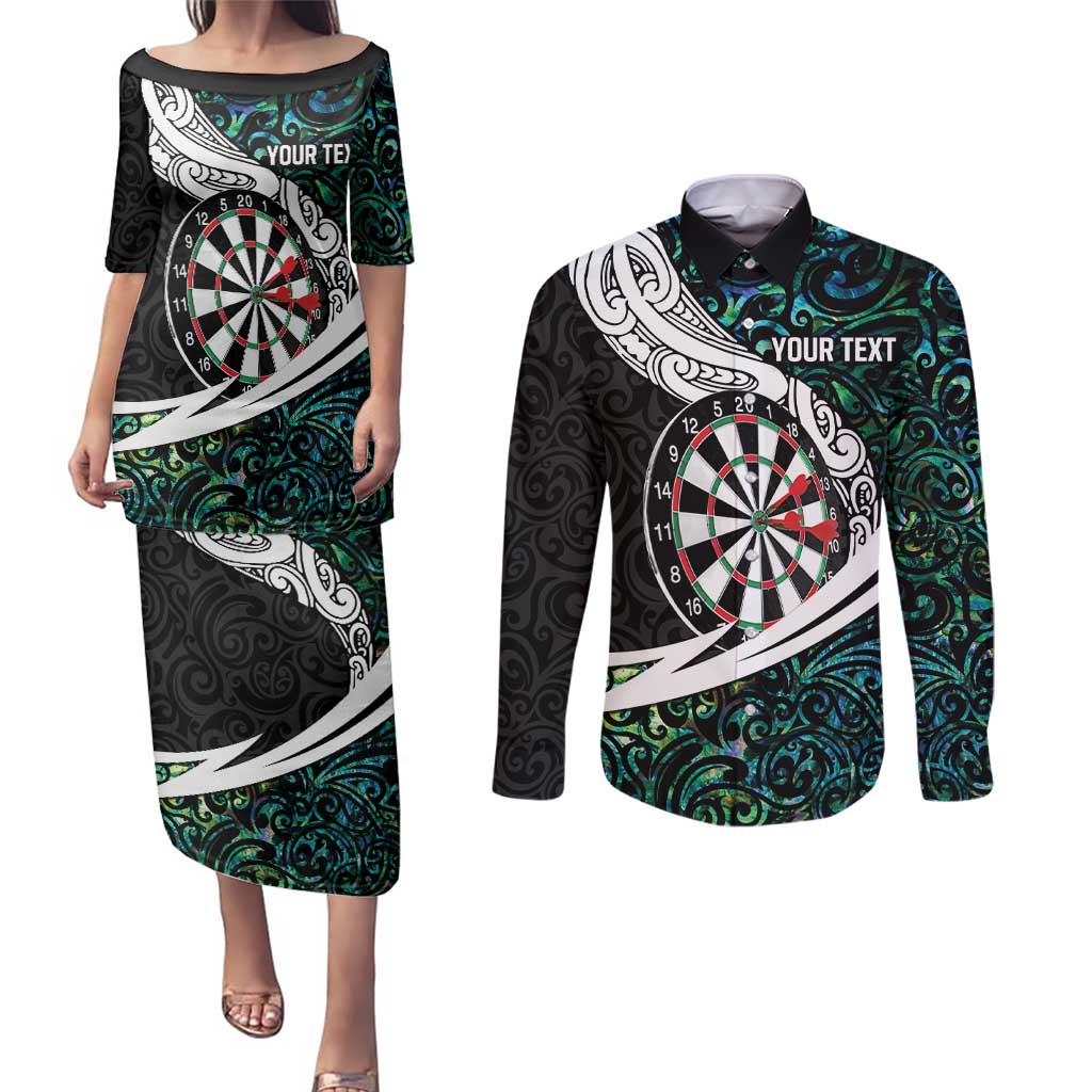 Personalized NZ Darts Couples Matching Puletasi and Long Sleeve Button Shirt Paua Shell Maori Koru Whakairo LT7 Colorful - Polynesian Pride