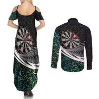 Personalized NZ Darts Couples Matching Summer Maxi Dress and Long Sleeve Button Shirt Paua Shell Maori Koru Whakairo LT7 - Polynesian Pride