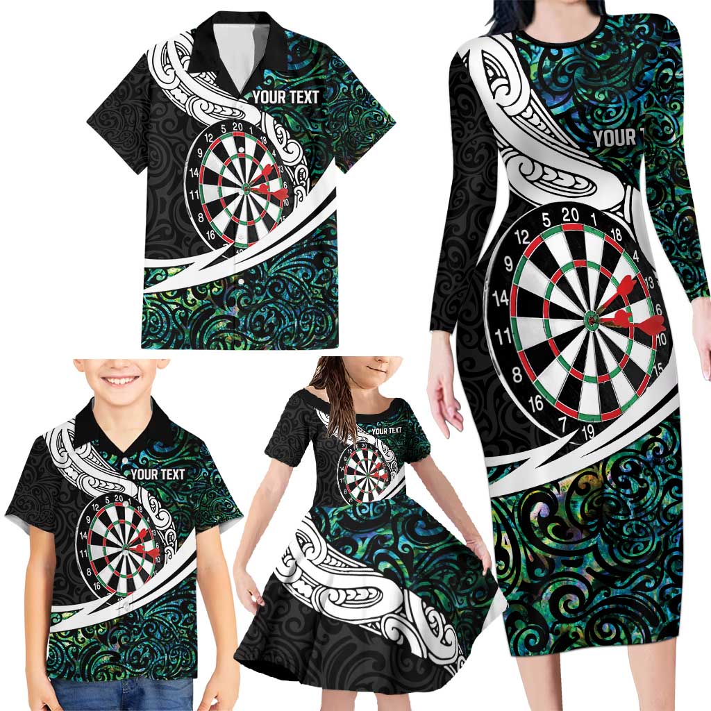 Personalized NZ Darts Family Matching Long Sleeve Bodycon Dress and Hawaiian Shirt Paua Shell Maori Koru Whakairo - Polynesian Pride