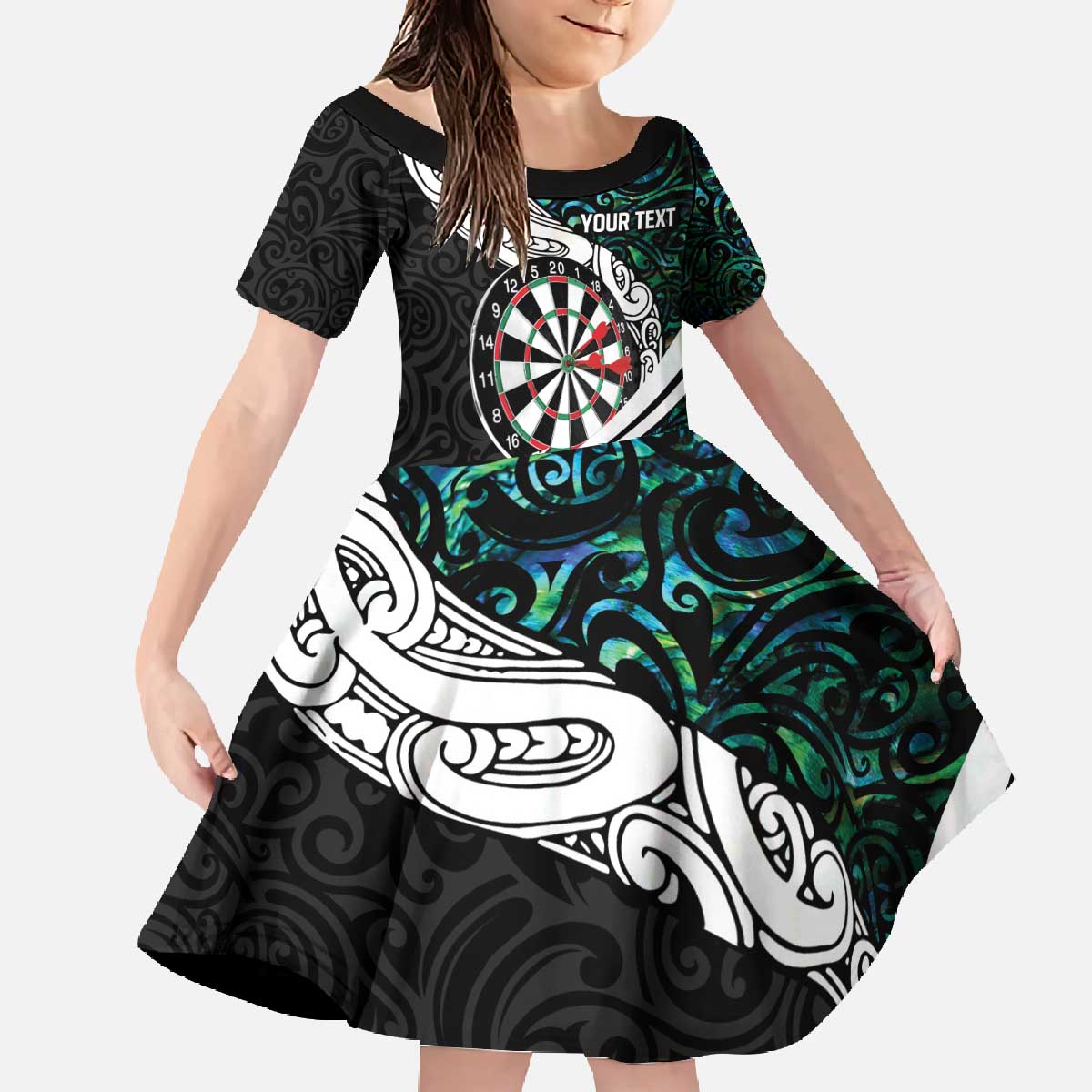 Personalized NZ Darts Family Matching Off The Shoulder Long Sleeve Dress and Hawaiian Shirt Paua Shell Maori Koru Whakairo - Polynesian Pride