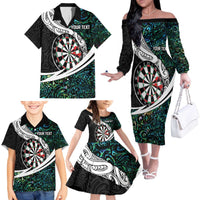 Personalized NZ Darts Family Matching Off The Shoulder Long Sleeve Dress and Hawaiian Shirt Paua Shell Maori Koru Whakairo - Polynesian Pride