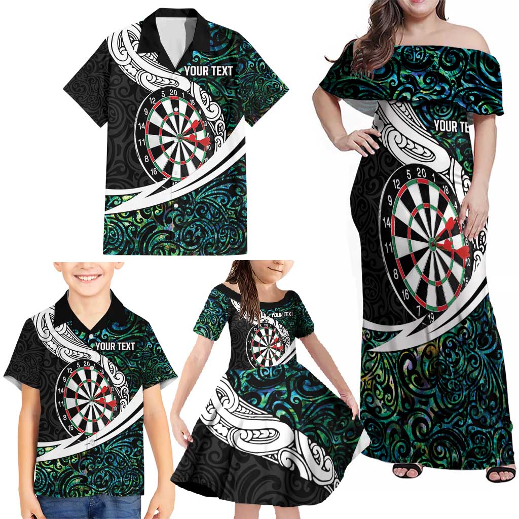 Personalized NZ Darts Family Matching Off Shoulder Maxi Dress and Hawaiian Shirt Paua Shell Maori Koru Whakairo - Polynesian Pride