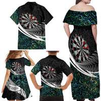 Personalized NZ Darts Family Matching Off Shoulder Maxi Dress and Hawaiian Shirt Paua Shell Maori Koru Whakairo LT7 - Polynesian Pride