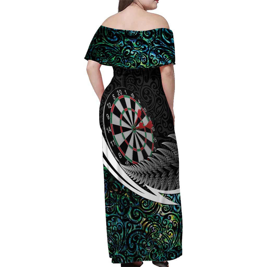 Personalized NZ Darts Family Matching Off Shoulder Maxi Dress and Hawaiian Shirt Paua Shell Maori Koru Whakairo LT7 - Polynesian Pride