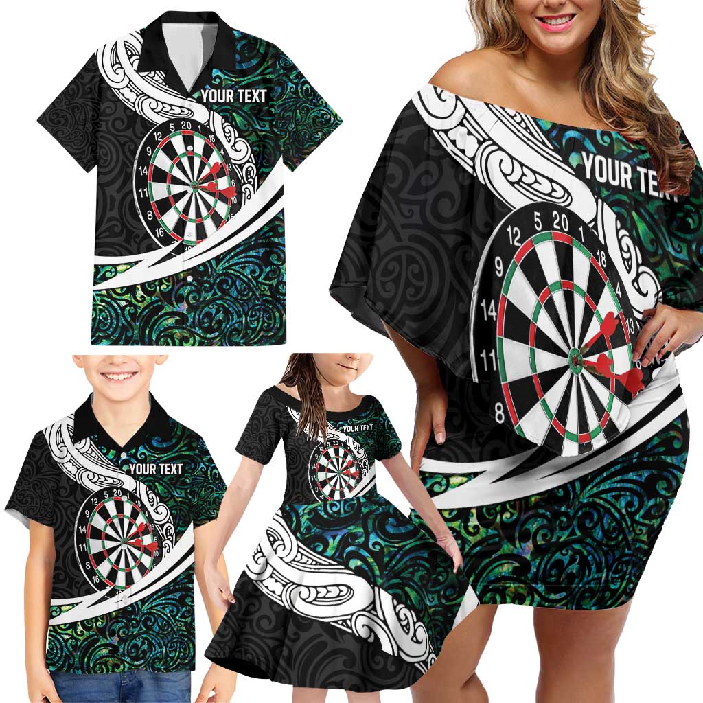 Personalized NZ Darts Family Matching Off Shoulder Short Dress and Hawaiian Shirt Paua Shell Maori Koru Whakairo LT7 - Polynesian Pride