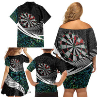 Personalized NZ Darts Family Matching Off Shoulder Short Dress and Hawaiian Shirt Paua Shell Maori Koru Whakairo LT7 - Polynesian Pride