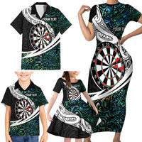 Personalized NZ Darts Family Matching Short Sleeve Bodycon Dress and Hawaiian Shirt Paua Shell Maori Koru Whakairo LT7 - Polynesian Pride