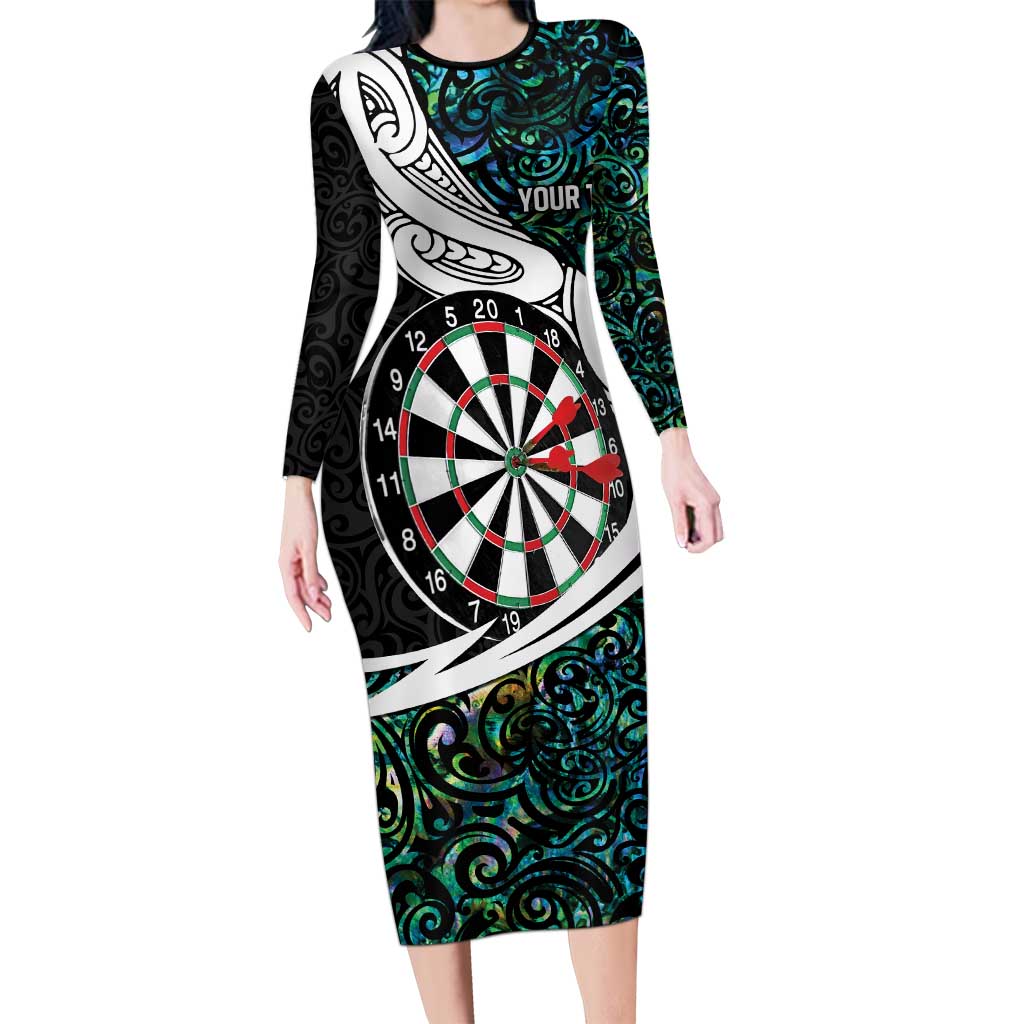 Personalized NZ Darts Long Sleeve Bodycon Dress Paua Shell Maori Koru Whakairo - Polynesian Pride