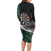 Personalized NZ Darts Long Sleeve Bodycon Dress Paua Shell Maori Koru Whakairo - Polynesian Pride
