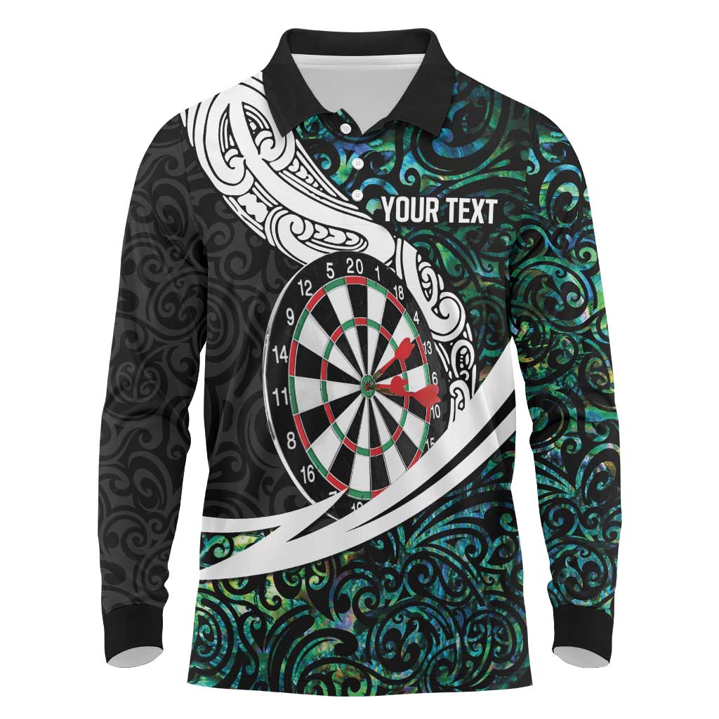 Personalized NZ Darts Long Sleeve Polo Shirt Paua Shell Maori Koru Whakairo - Polynesian Pride
