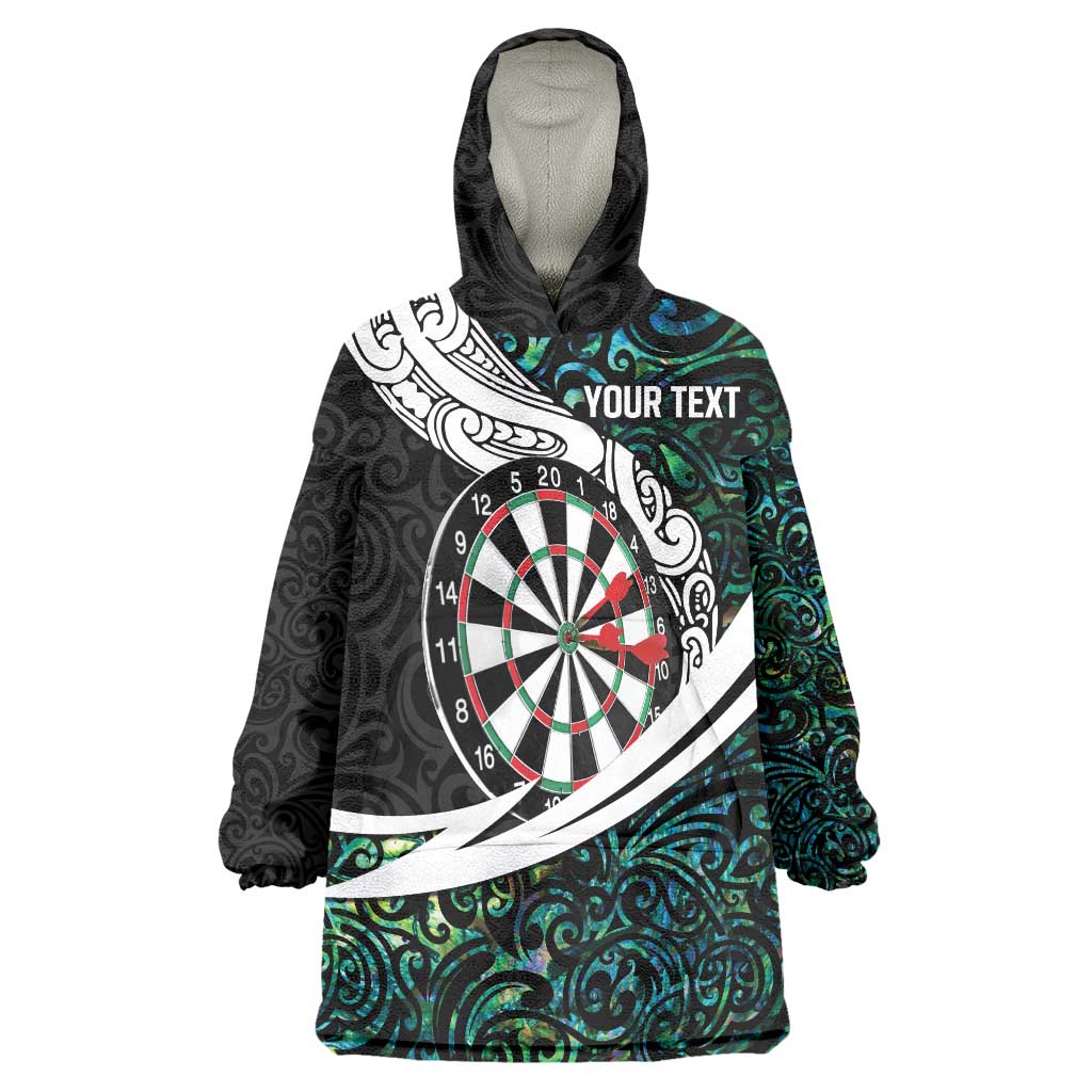 Personalized NZ Darts Wearable Blanket Hoodie Paua Shell Maori Koru Whakairo - Polynesian Pride