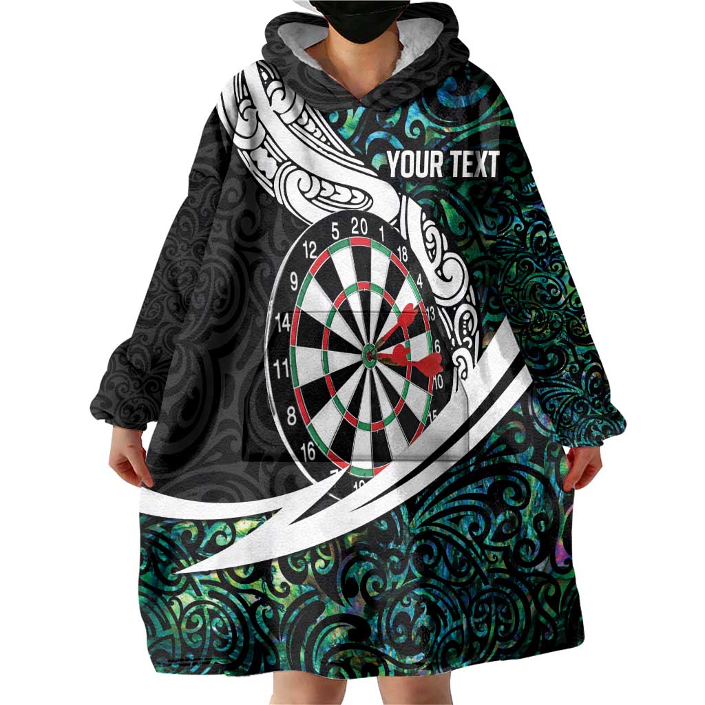 Personalized NZ Darts Wearable Blanket Hoodie Paua Shell Maori Koru Whakairo - Polynesian Pride