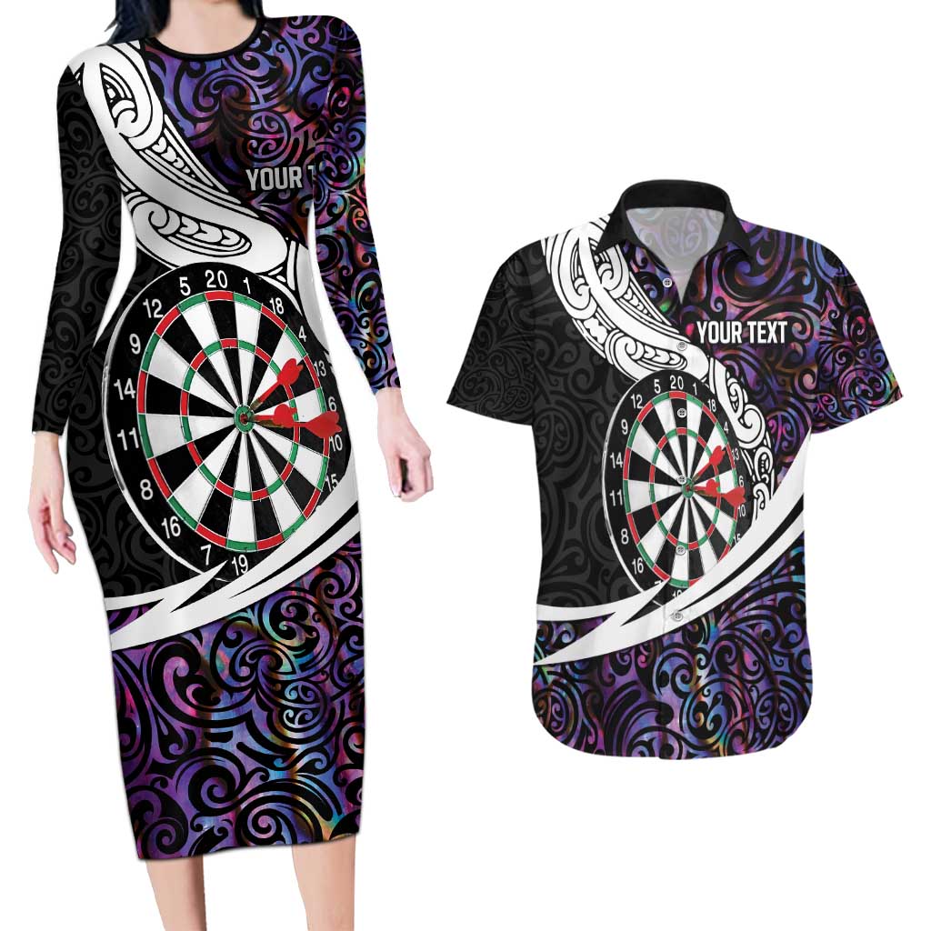 Personalized NZ Darts Couples Matching Long Sleeve Bodycon Dress and Hawaiian Shirt Paua Shell Maori Koru Whakairo - Purple - Polynesian Pride